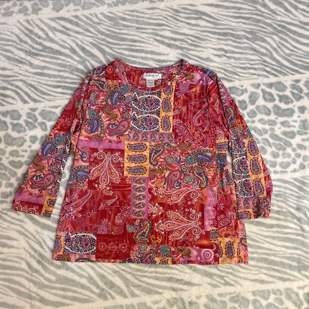 Coldwater Creek Red & Pink Patchwork Paisley Knit Top